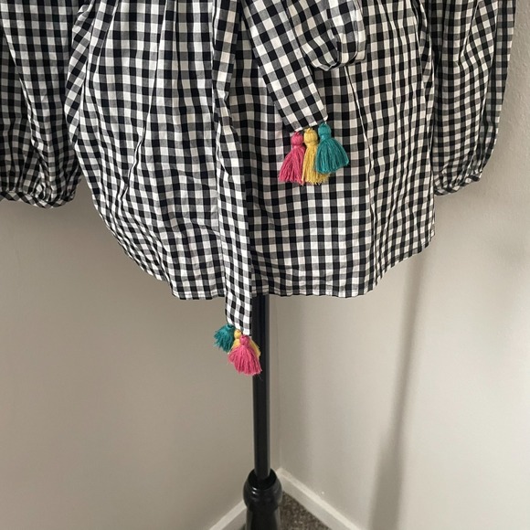 MADEWELL Sz S Smocked Embroidered Gingham Top Black White Checkered Tassel Ties - Picture 5 of 10